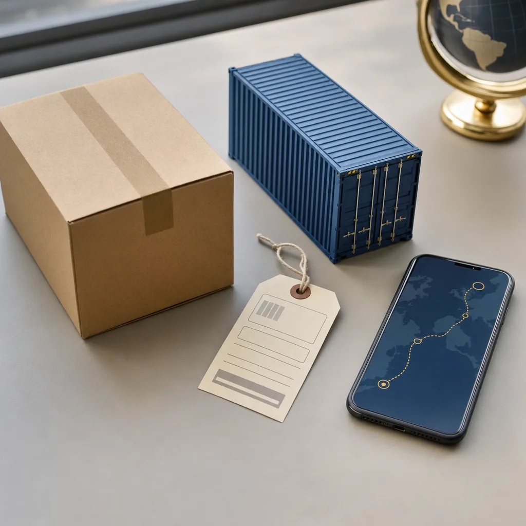 Colis, conteneur et suivi mobile illustrant une expédition internationale