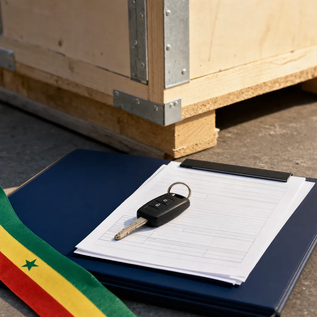 Clé, dossier et caisse de transport illustrant la remise finale au Sénégal