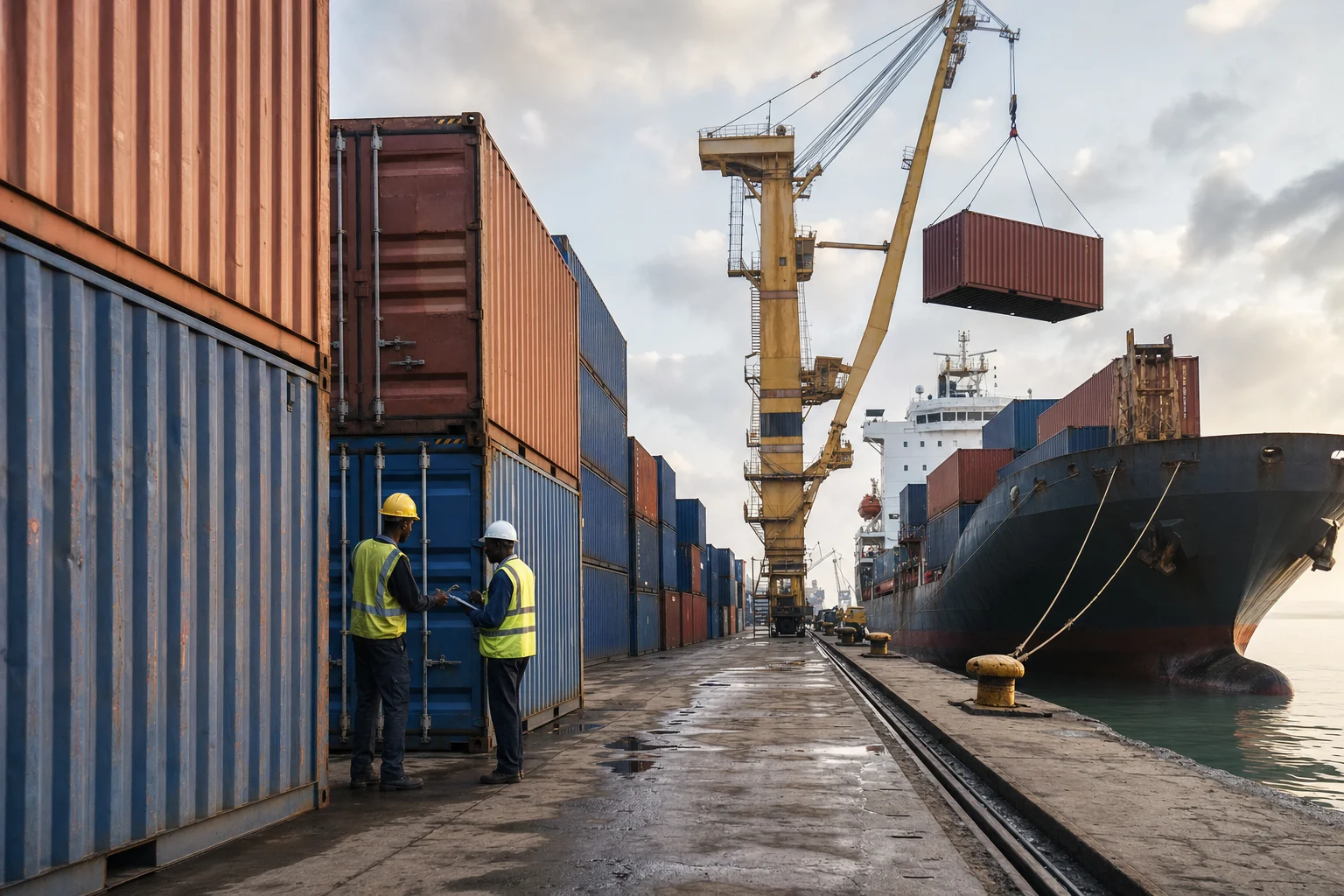 Illustration représentative de conteneurs en cours de manutention dans un port international