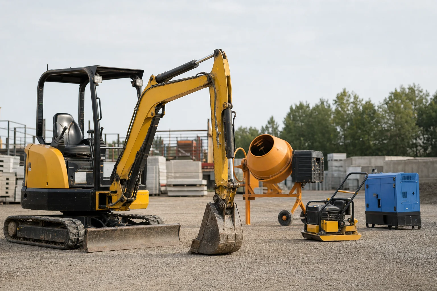 Mini-pelle, bétonnière, compacteur et groupe électrogène dans un parc de matériel BTP