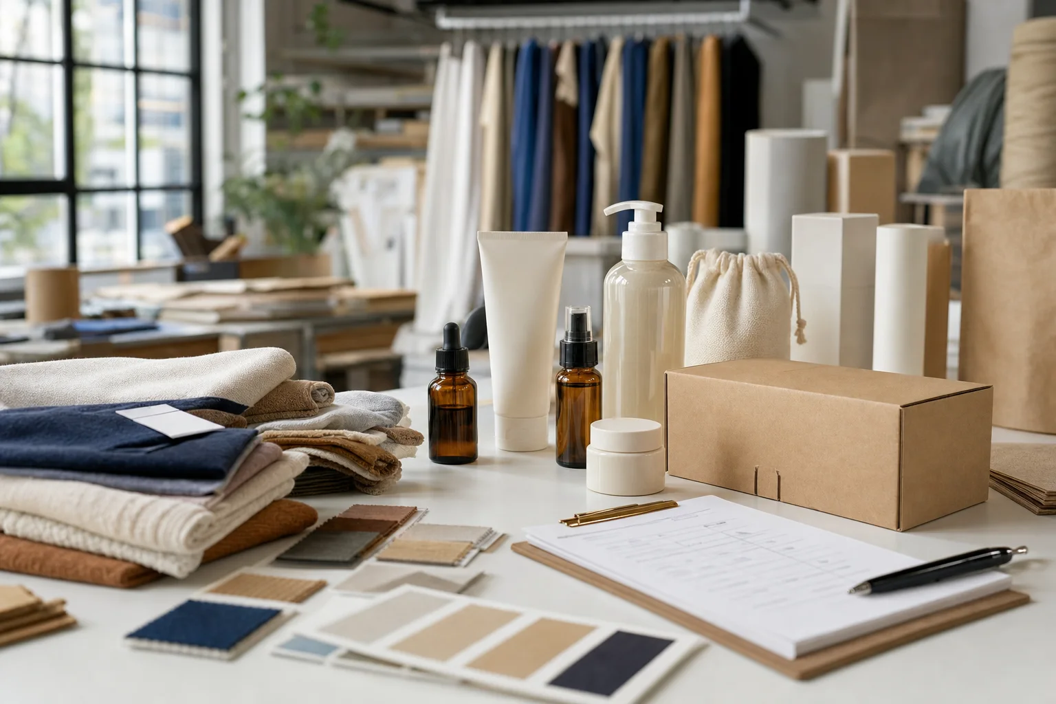 Produits, matières et emballages illustrant la création d’une marque E-COM